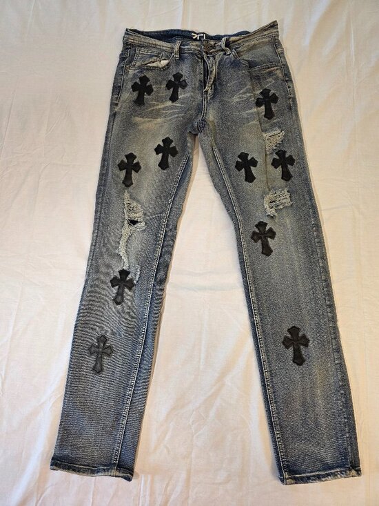 ZCL Other - ZCL Men's Distressed Cross Patch Denim Jeans Light Wash Blue Size 30 Streetwear